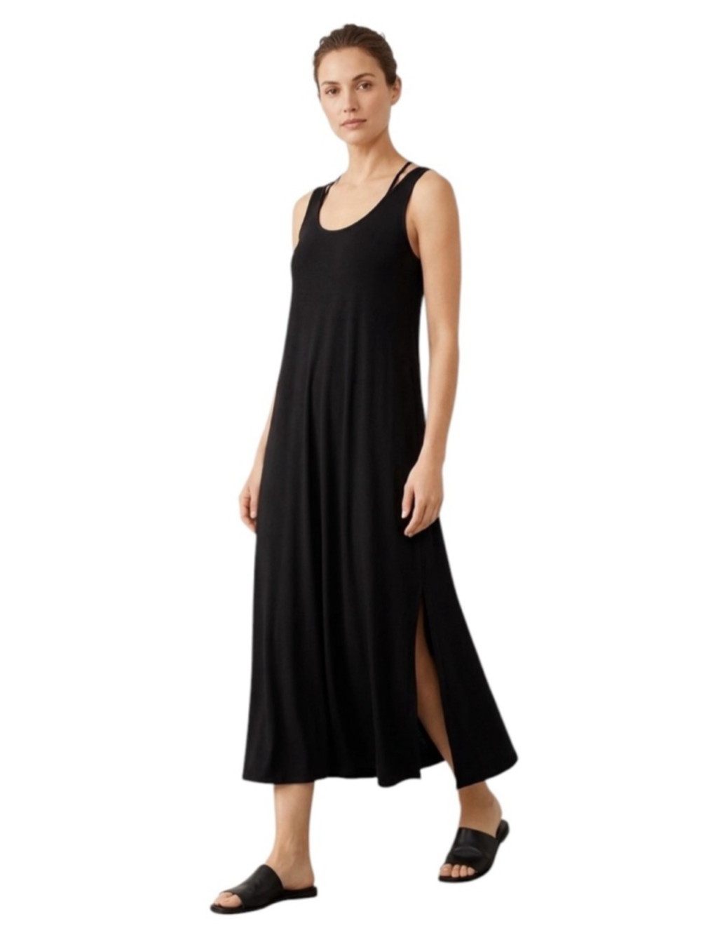 Eileen Fisher Sleeveless Strappy Neck Tank Midi Dress Side Slit Black Size Small